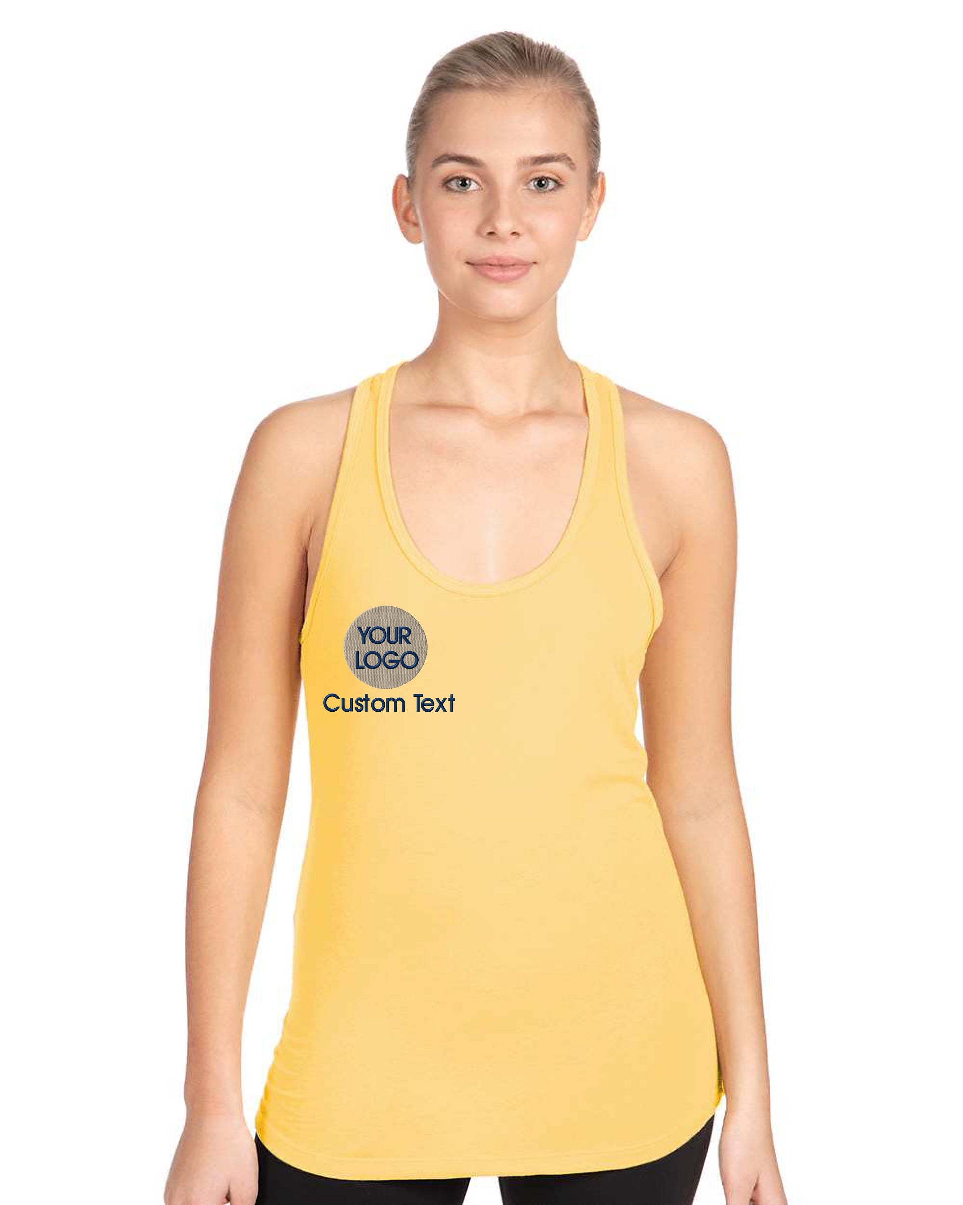 a woman wearing a yellow tank top with a logo on it