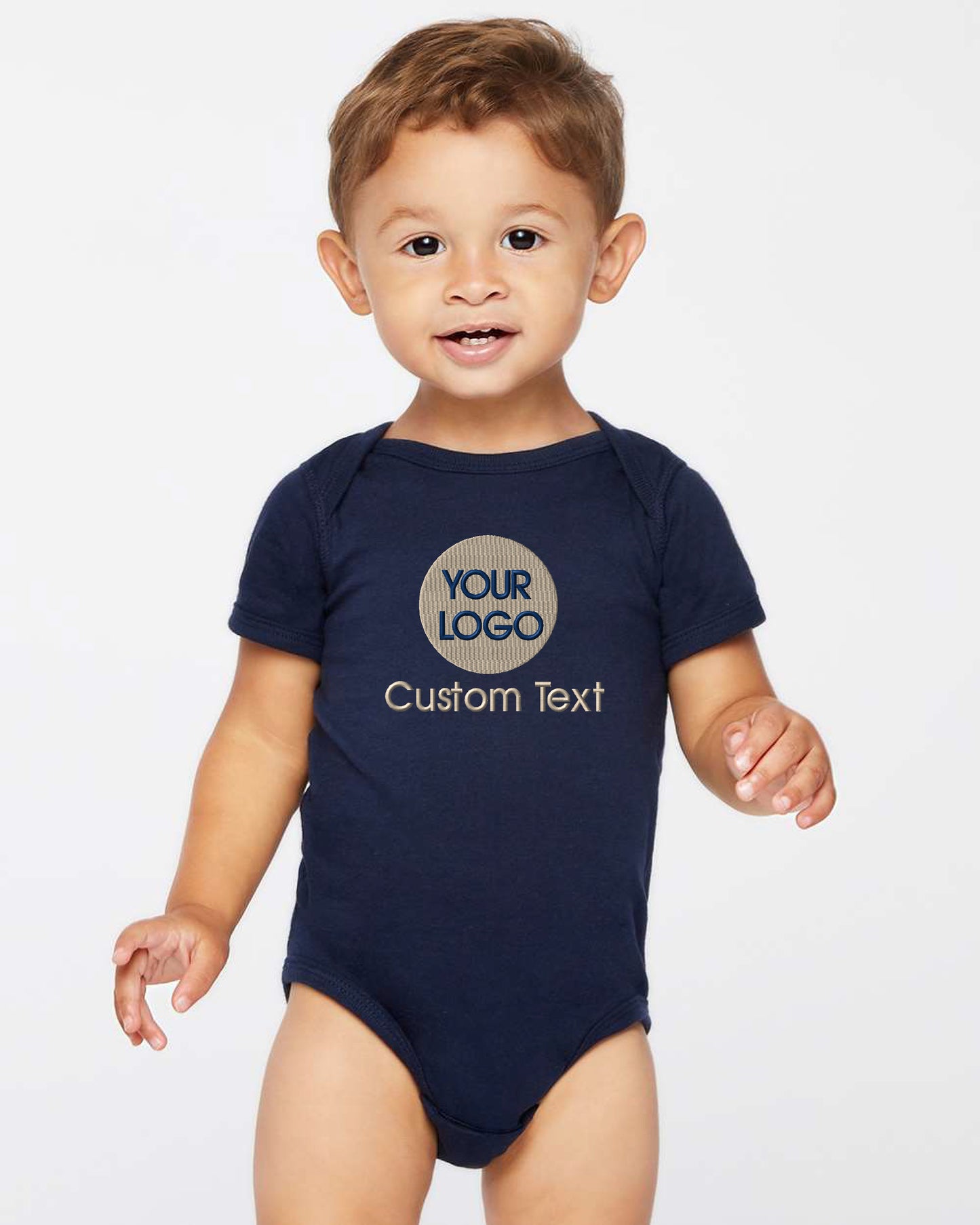 a baby wearing a bodysuit that says your logo on it