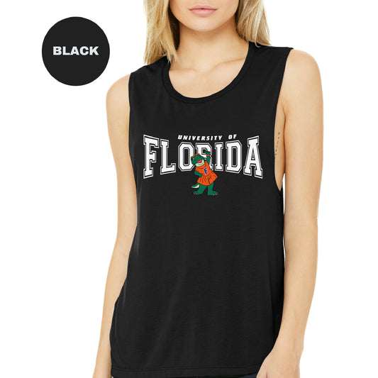 a women's black tank top with the university of florida on it