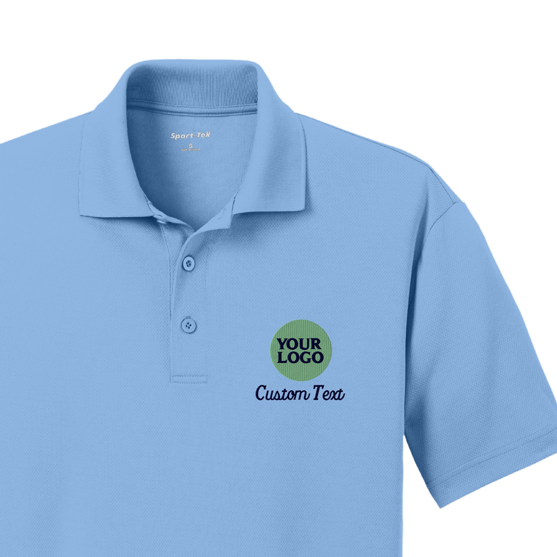 a light blue polo shirt with a custom logo