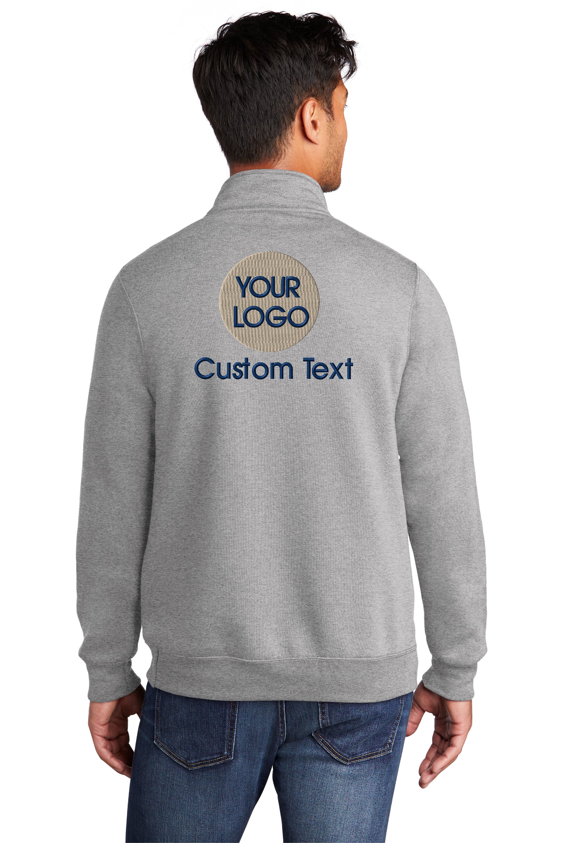 a man wearing a gray sweatshirt with a custom text