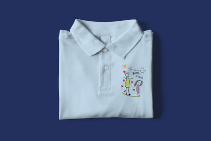 a blue polo shirt with a cartoon character on it