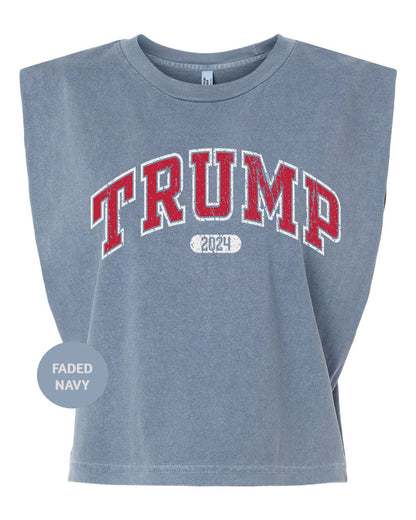 a blue shirt with the word trump printed on it