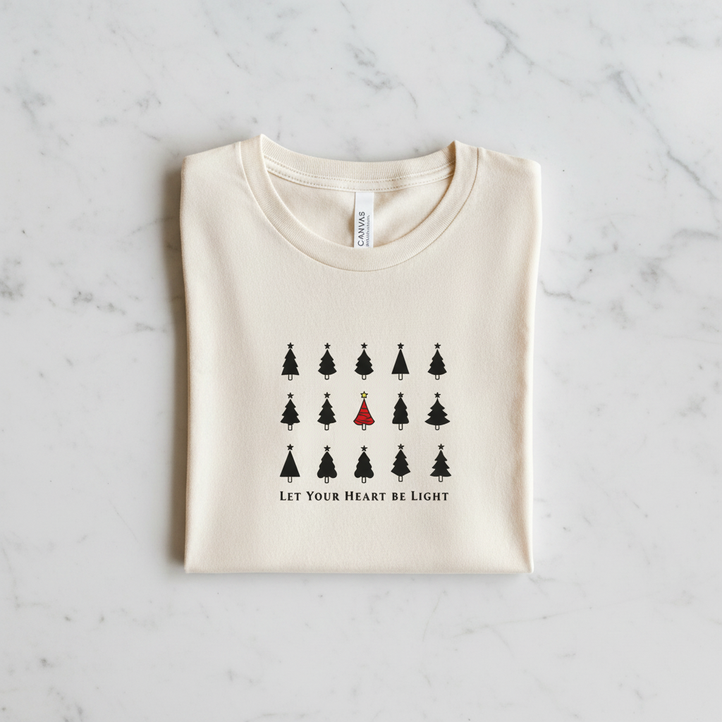 A white t-shirt with a graphic design of a row of black Christmas trees and a red tree in the center, along with the text "Let Your Heart Be Light".