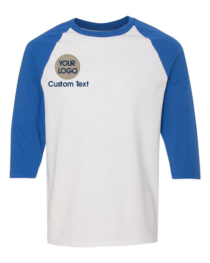 a white and blue t - shirt with the words your logo on it