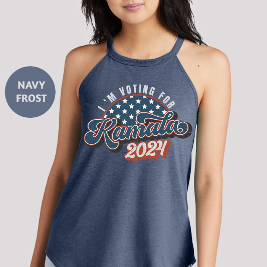 a woman wearing a tank top that says i am voting for kansas