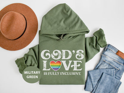 a green hoodie with god's love written on it