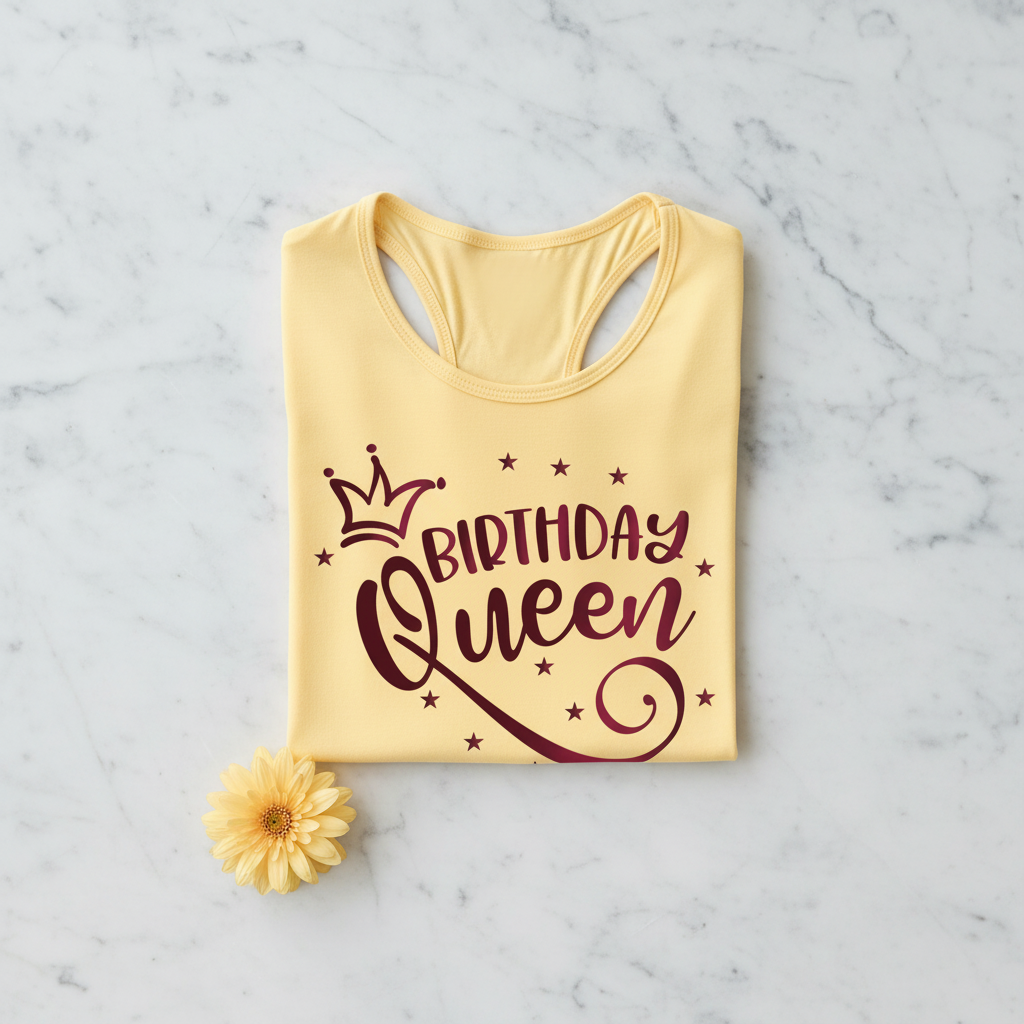 A yellow t-shirt with the text "BIRTHDAY QUEEN" printed on it, along with a crown and stars, is displayed on a marble surface.