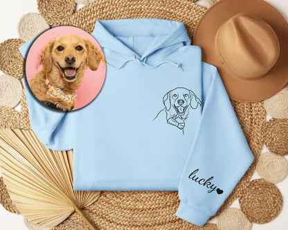 a picture of a dog on a light blue hoodie