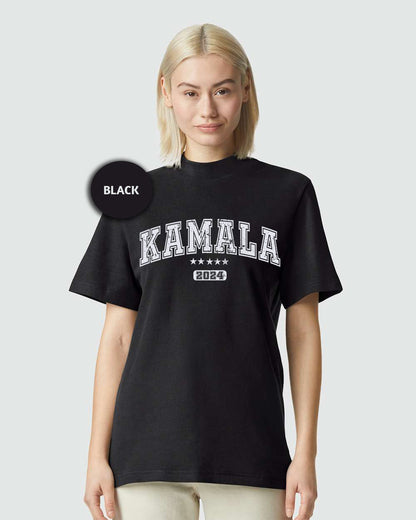 a woman wearing a black t - shirt with the word kalamala printed on