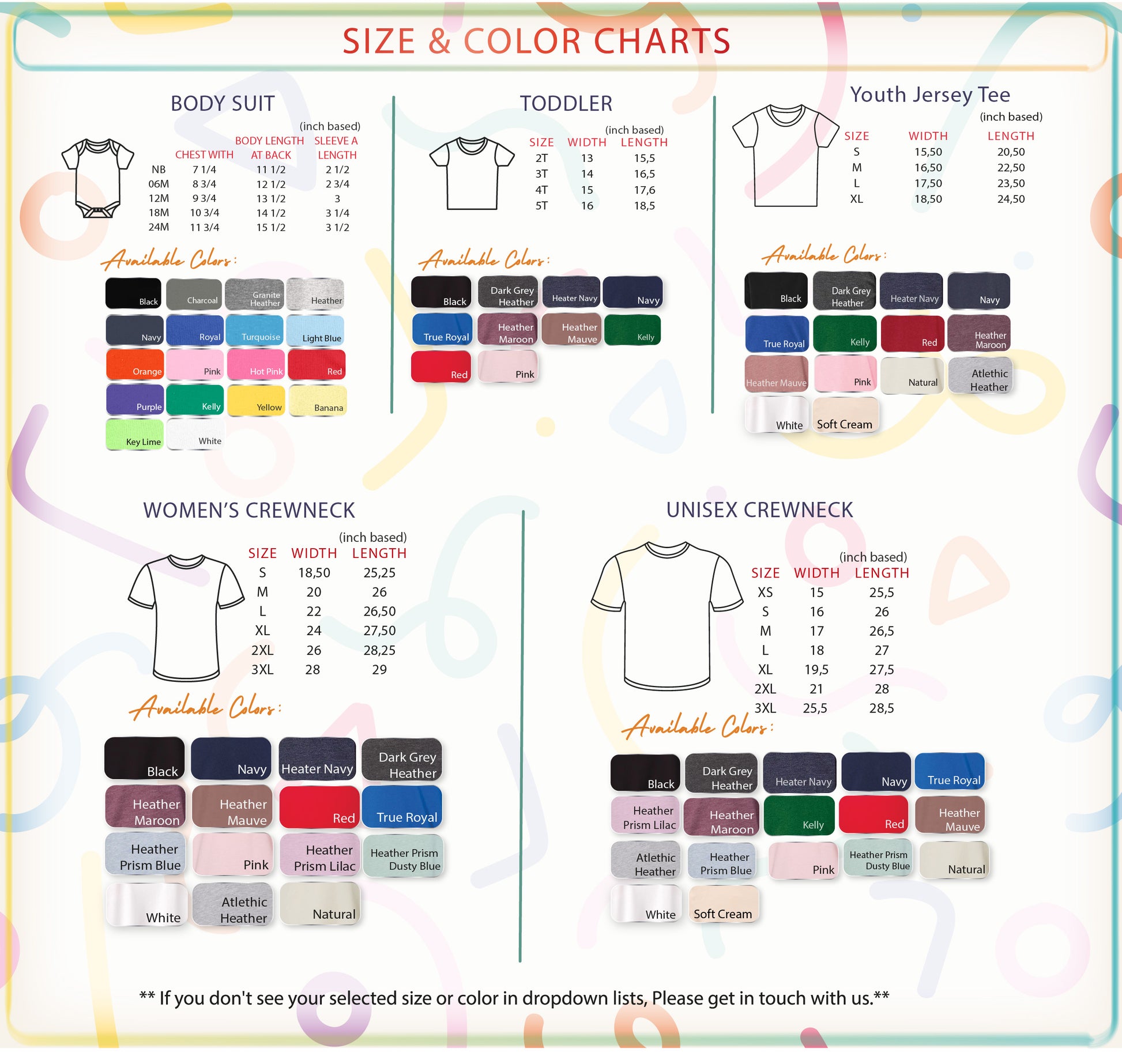 a collection of size and color charts for various types of clothing, including a size chart for a body suit, a toddler size chart, and a youth jersey tee. The charts provide details such as the length, width, and available colors for each size category.