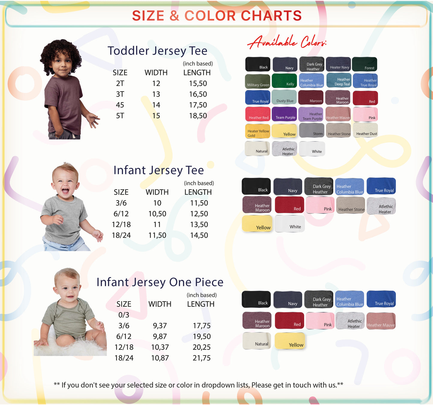 a collection of size and color charts for children's clothing, including toddler and infant t-shirts. The charts provide information on the available colors and sizes for each type of clothing item.