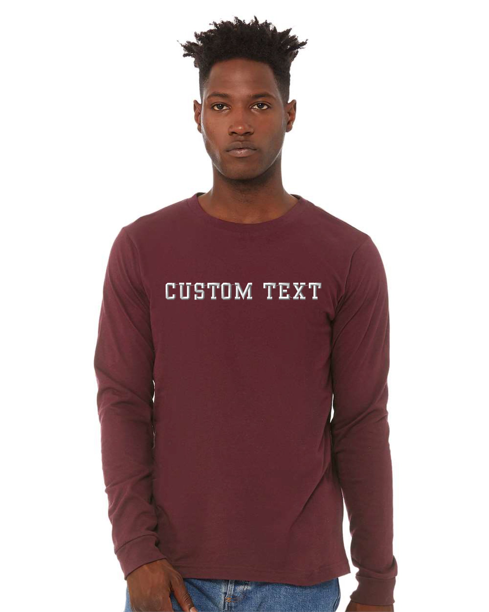 a man wearing a maroon shirt with the word custom text on it