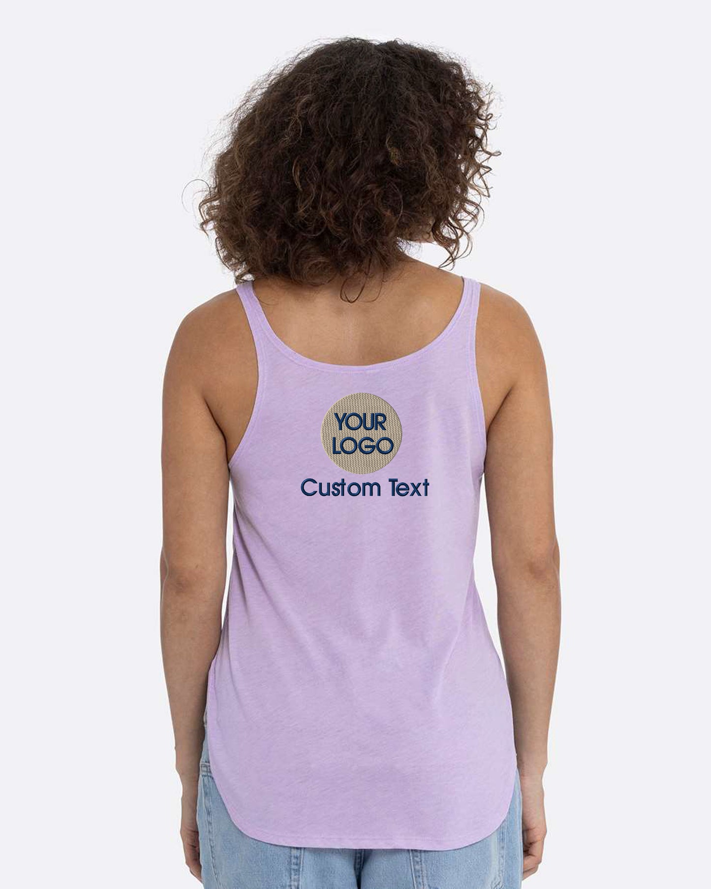 a woman wearing a purple tank top with the words your logo on it