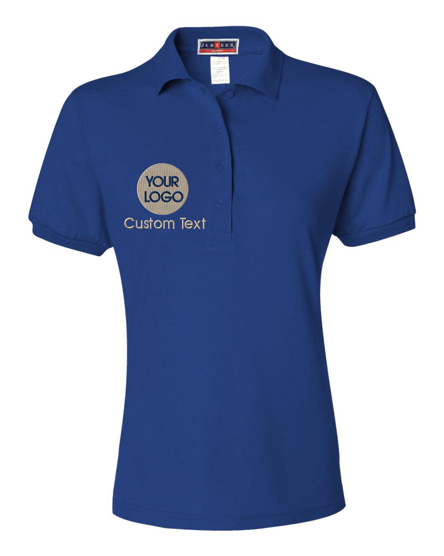 a blue polo shirt with the words your logo on it