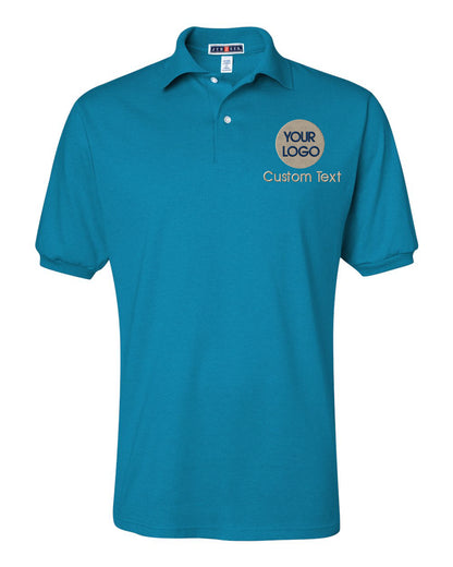 a blue polo shirt with a logo on it