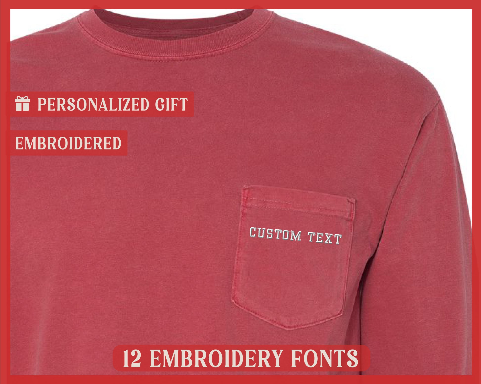 a red t - shirt with the words, personalized gift embroideded