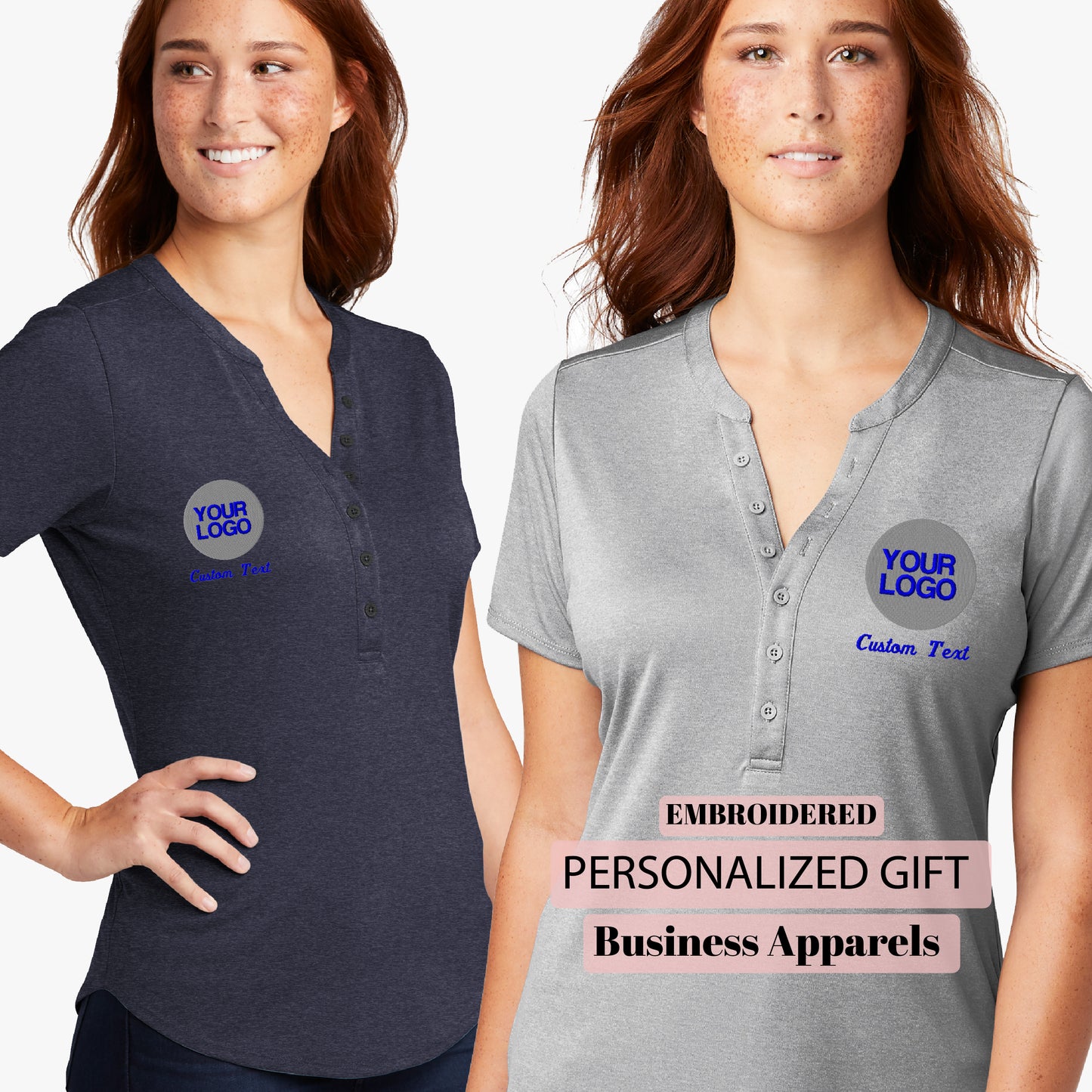 two women in polo shirts with the words personalized gift on them