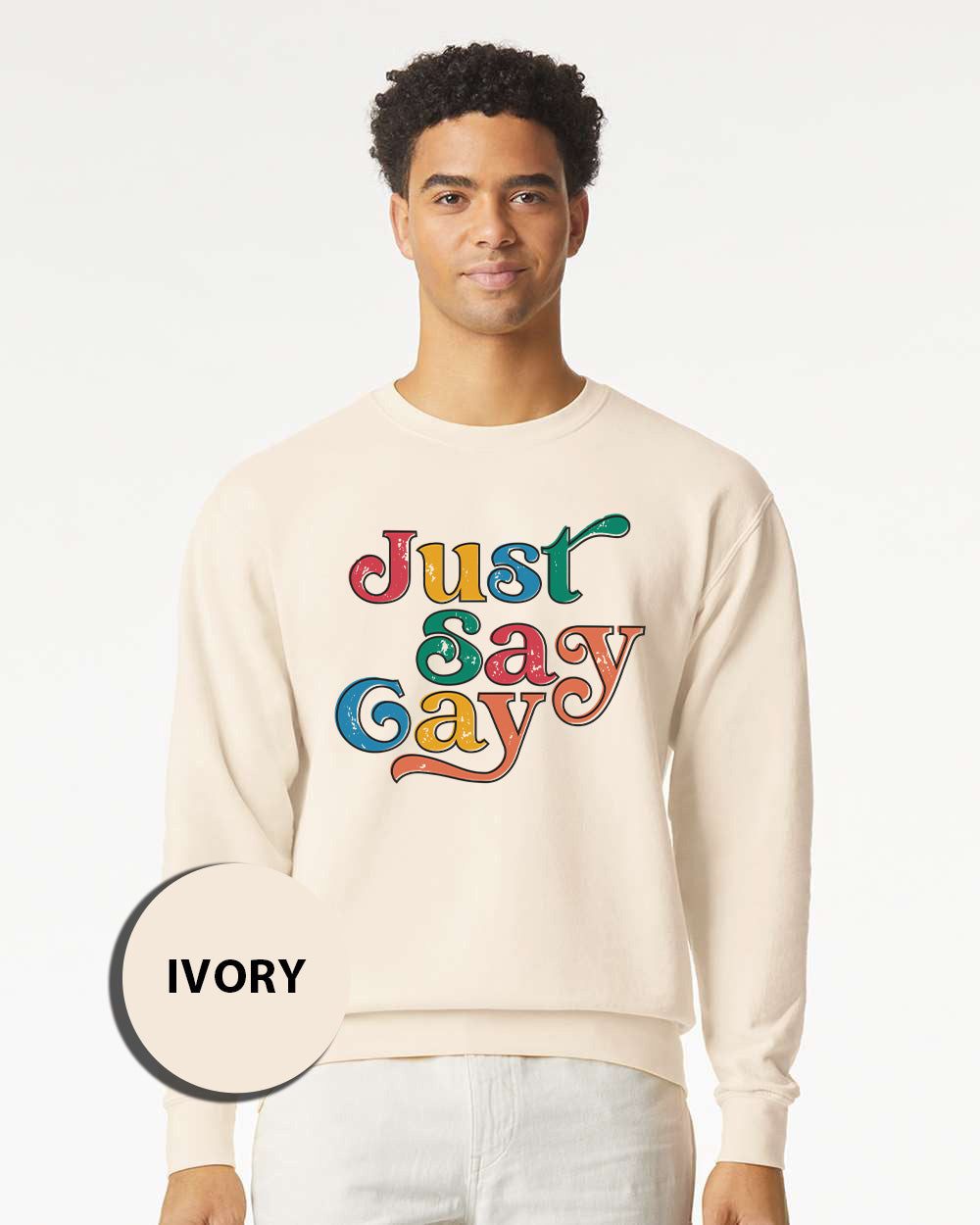 a man wearing a sweatshirt that says just gay