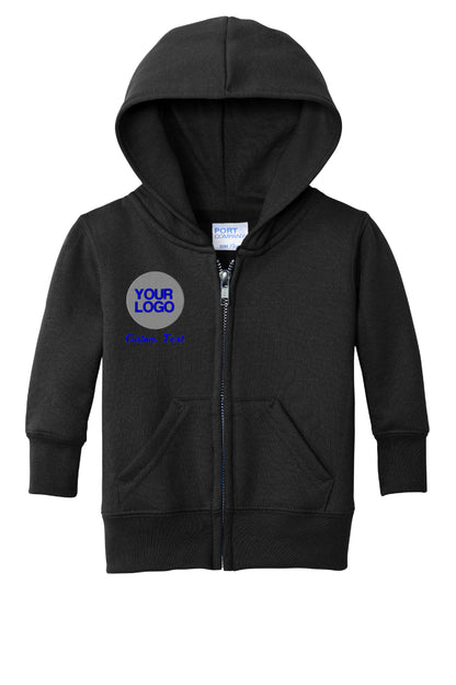 a black hoodie with a grey and blue logo