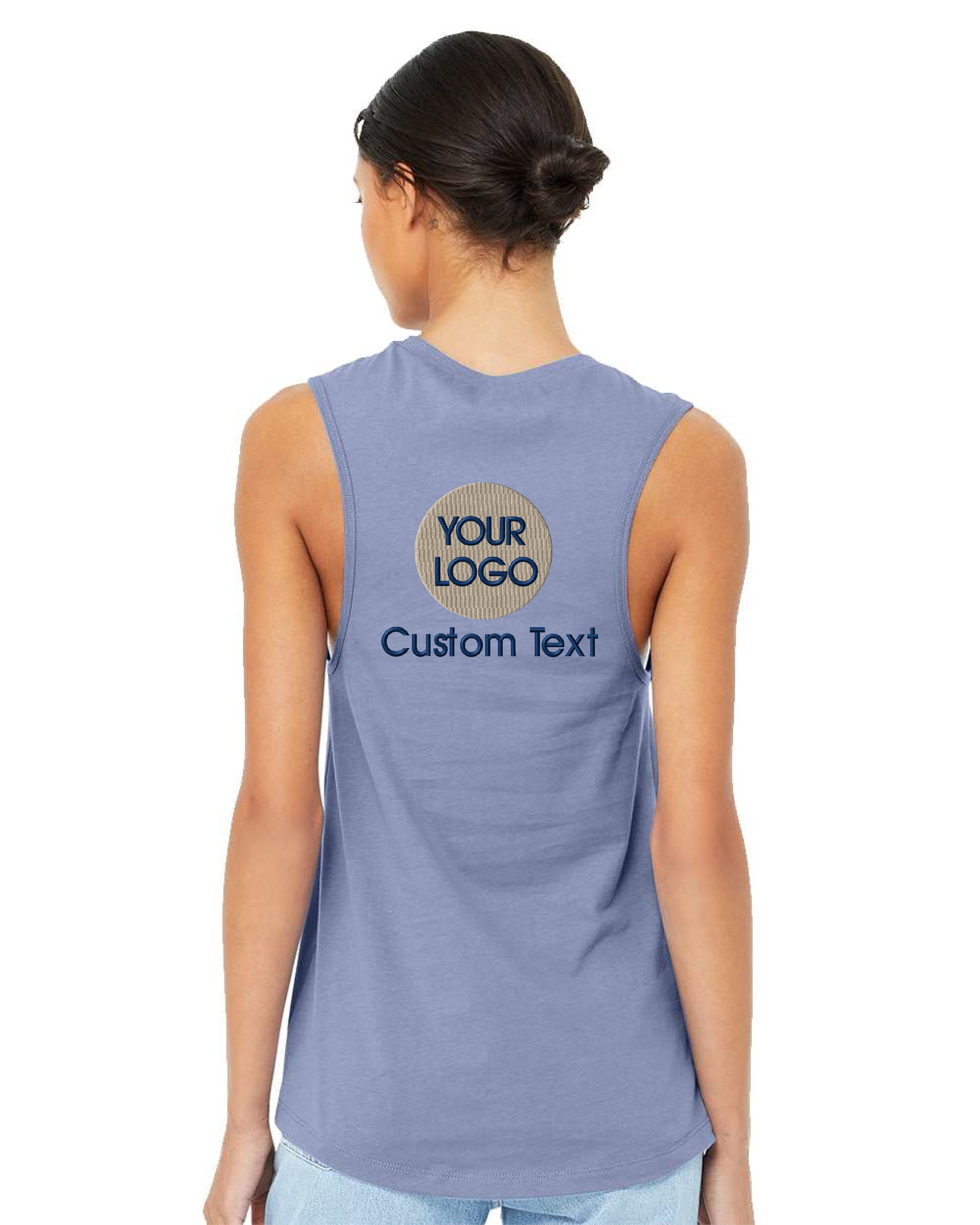 a woman wearing a blue tank top with a logo on it