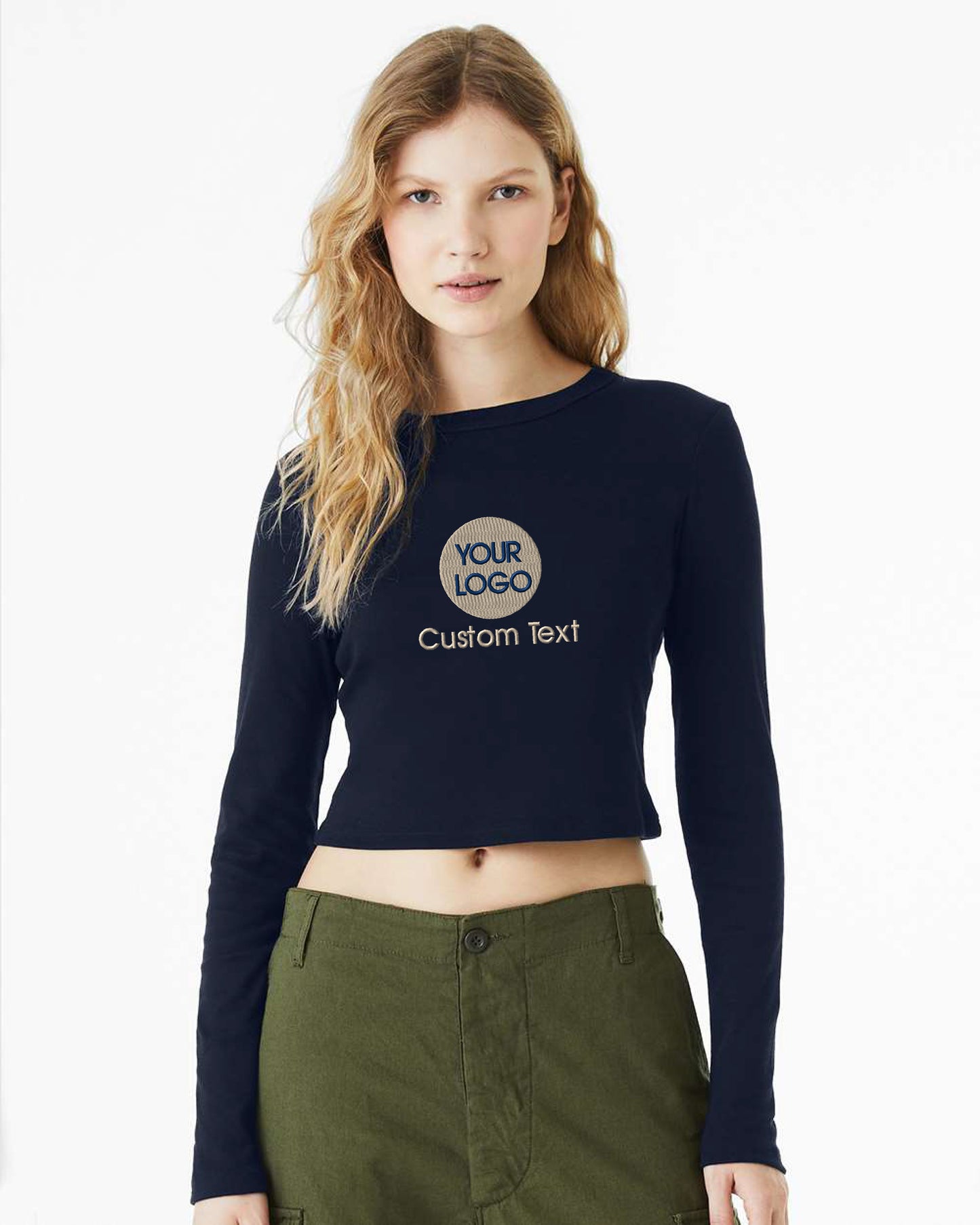 a woman wearing a crop top that says your logo is custom text