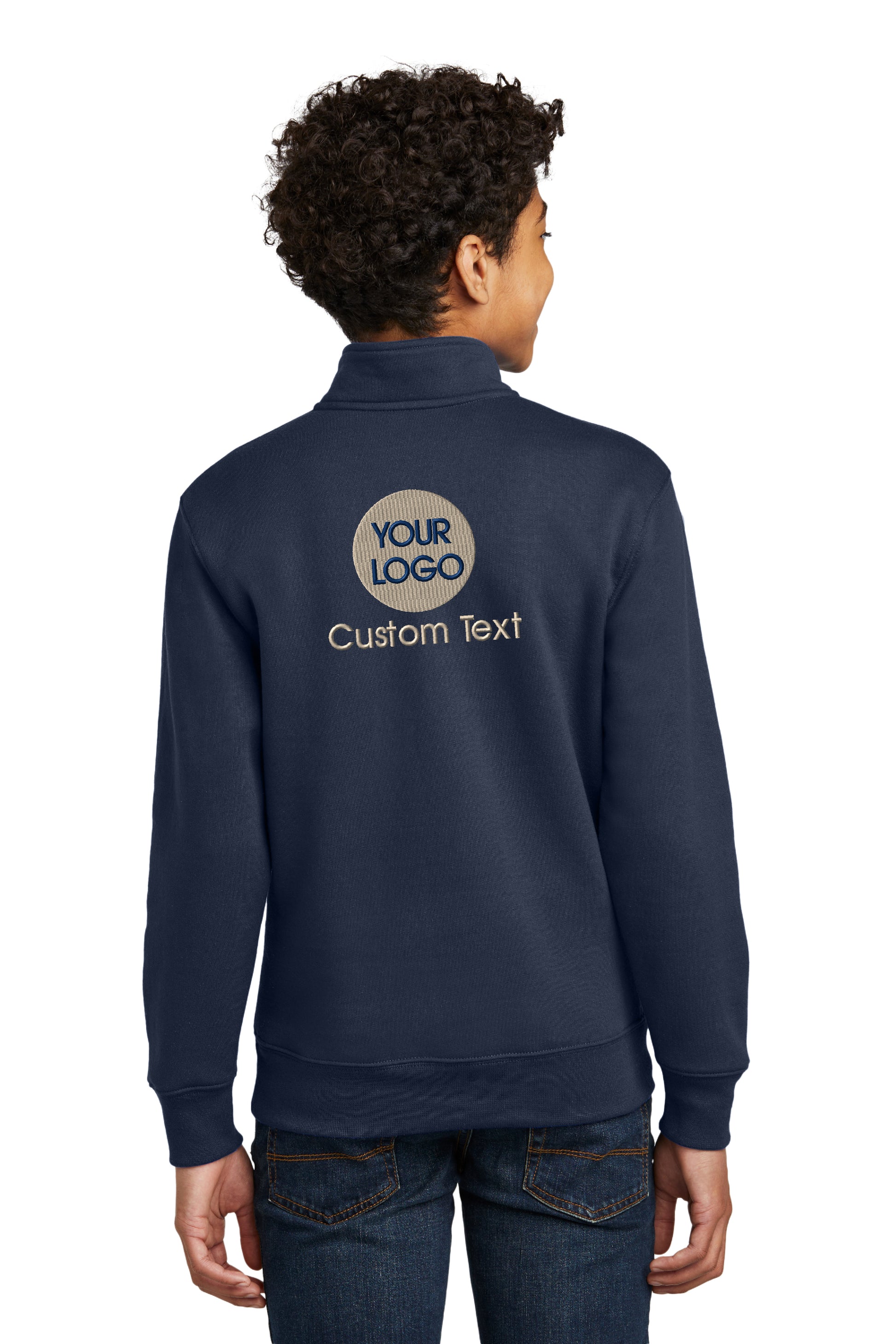 a young boy wearing a dark blue sweatshirt with the text your logo on it