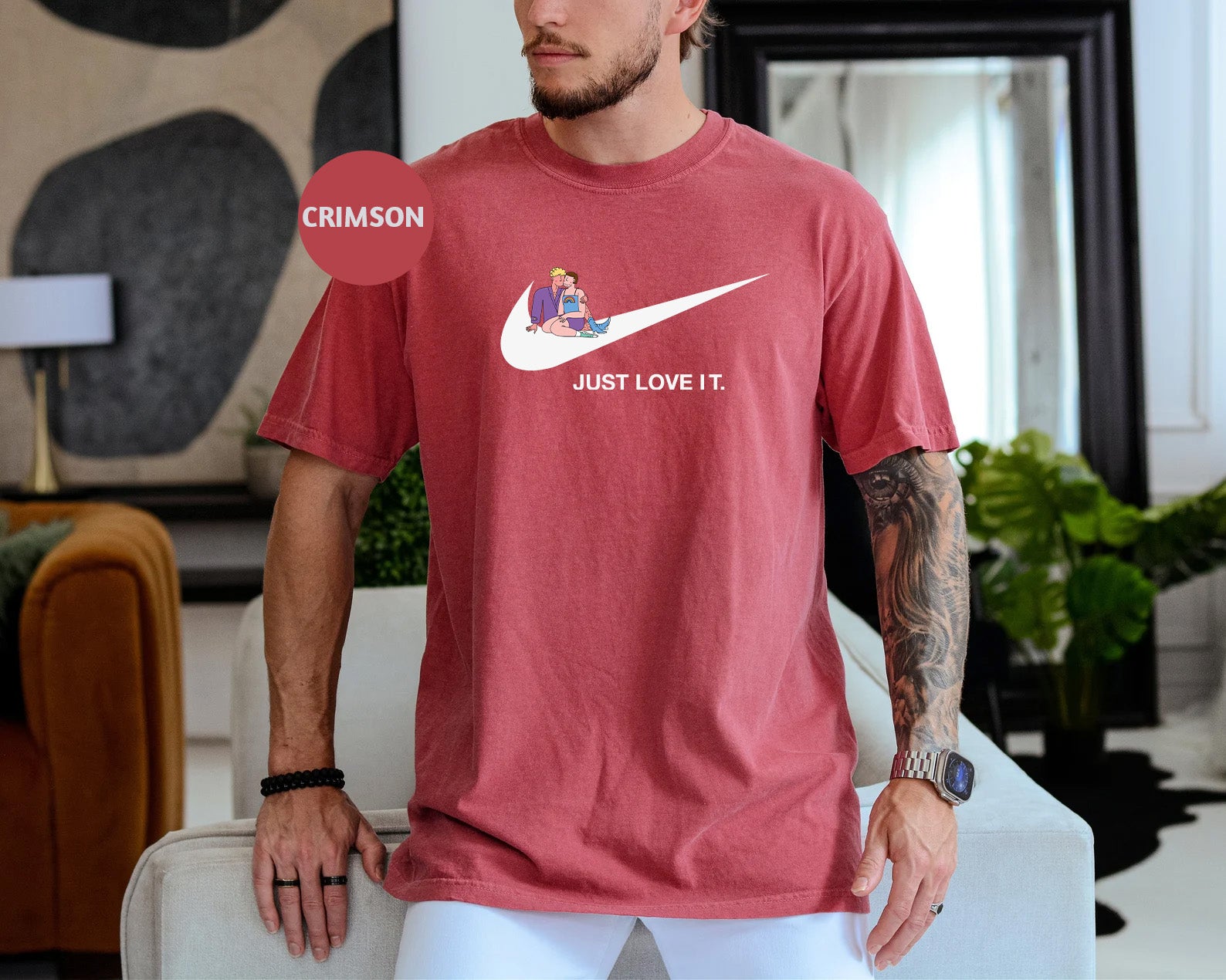 a man in a red shirt with a nike t - shirt