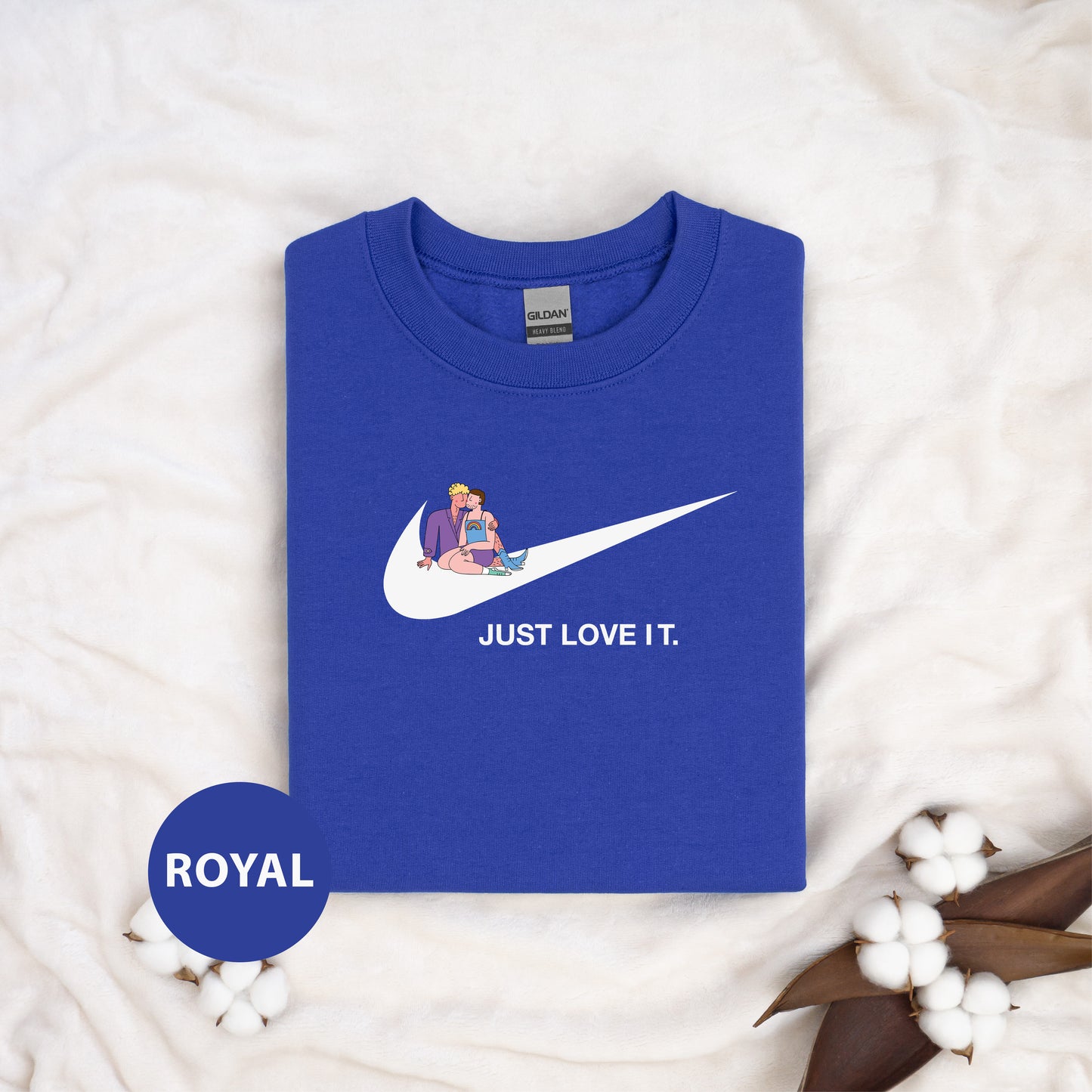 a blue t - shirt that says just love it with a picture of a couple