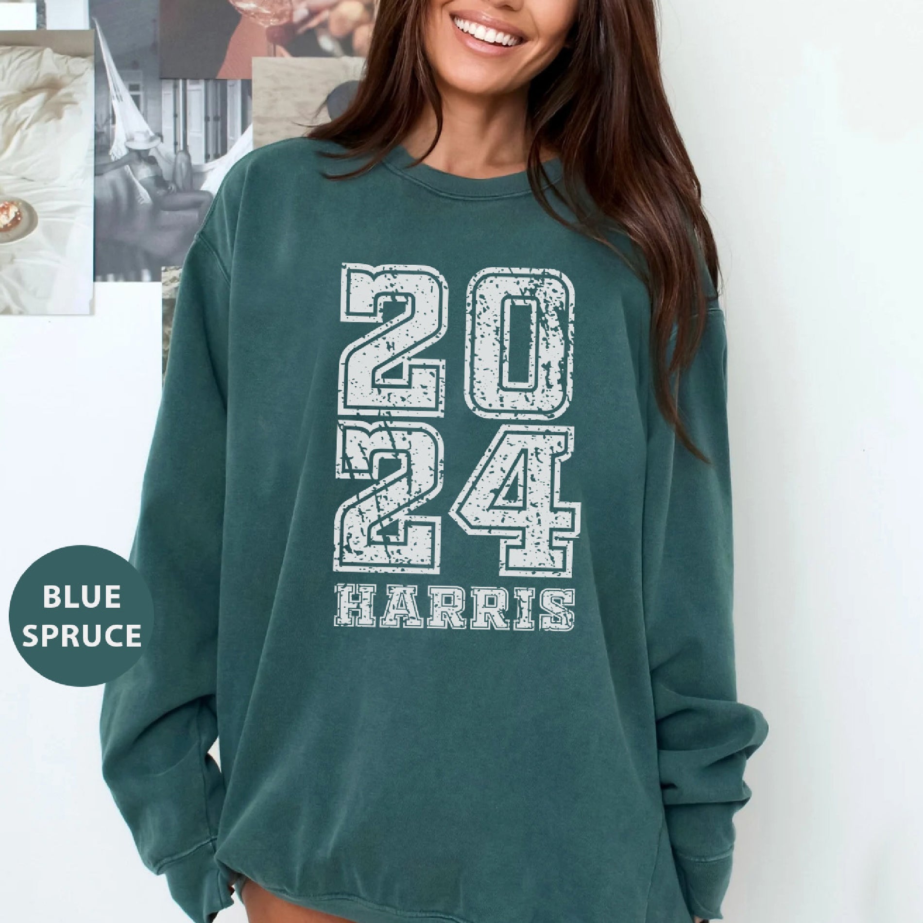 a woman wearing a green sweatshirt with the number twenty four printed on it