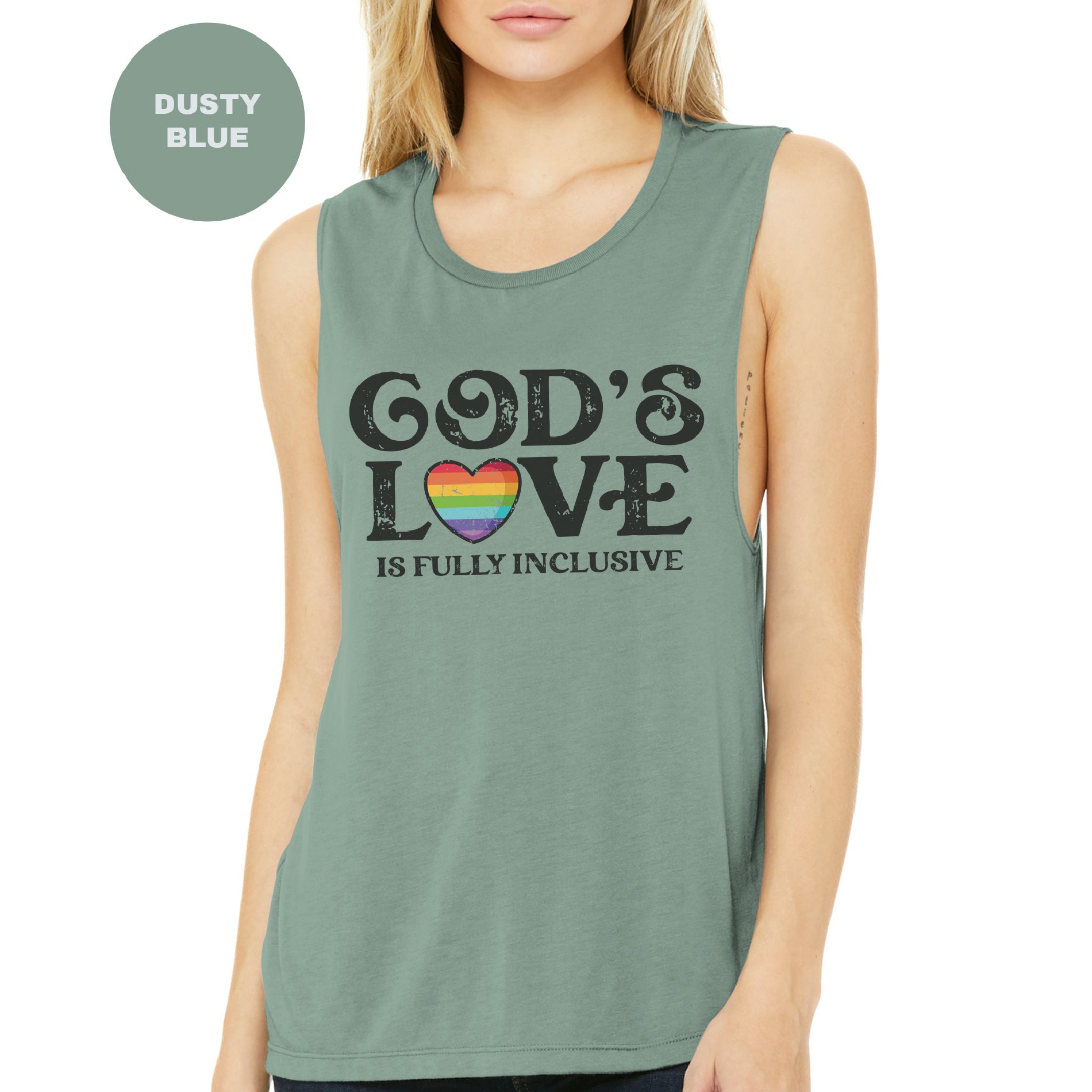 a woman wearing a tank top with the words god's love on it