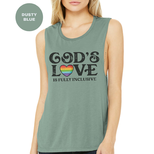 a woman wearing a tank top with the words god's love on it