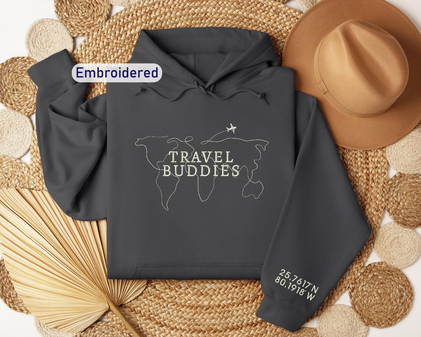 a hoodie with the words travel buddies printed on it