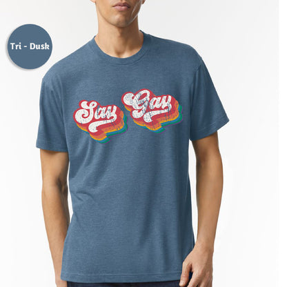 a man wearing a blue t - shirt with the word stay easy on it