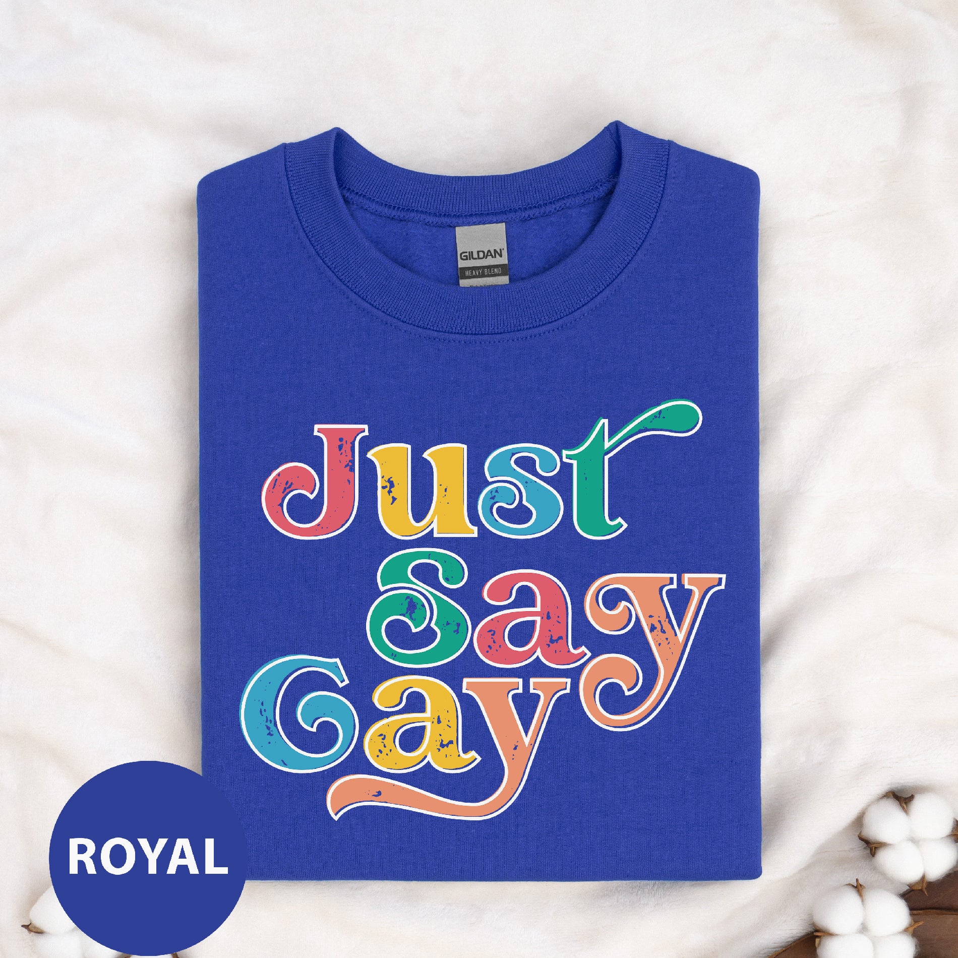 a blue t - shirt with the words just say gay printed on it