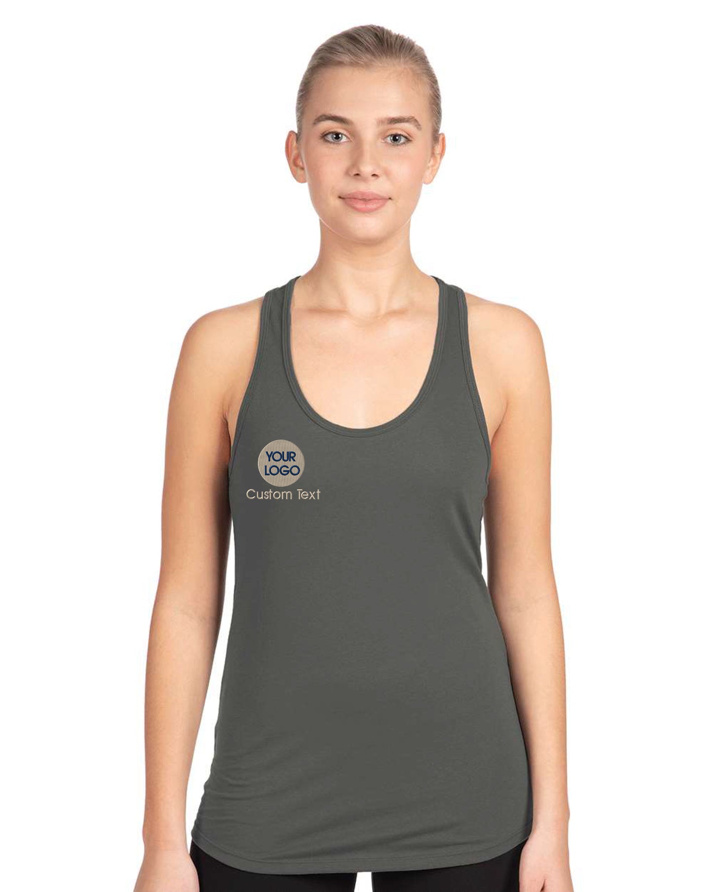 a woman wearing a tank top with a logo on it