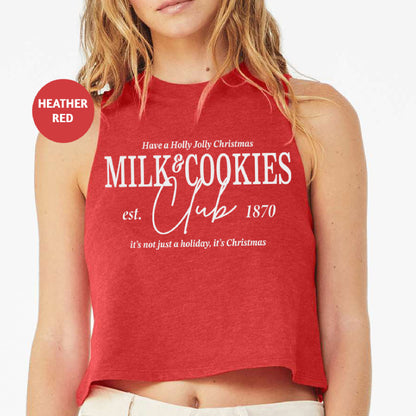 a woman wearing a red crop top with a milk and cookies print on it