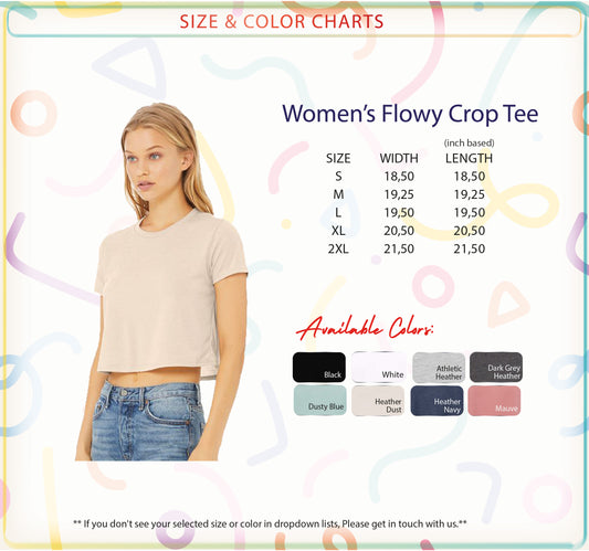 a woman wearing a flowy crop top, with a size and color chart displayed below her.