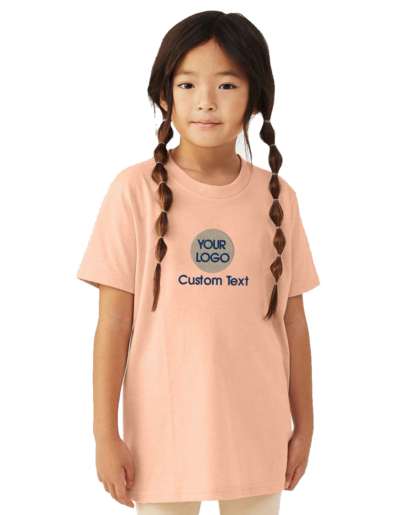 a little girl wearing a pink t - shirt that says your logo is custom text