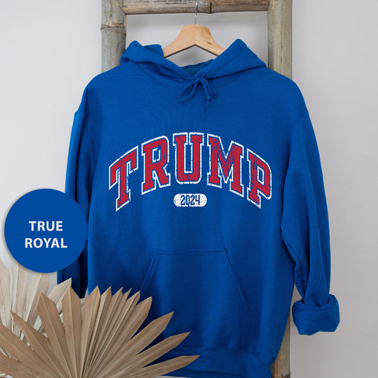 a blue hoodie with the word trump on it