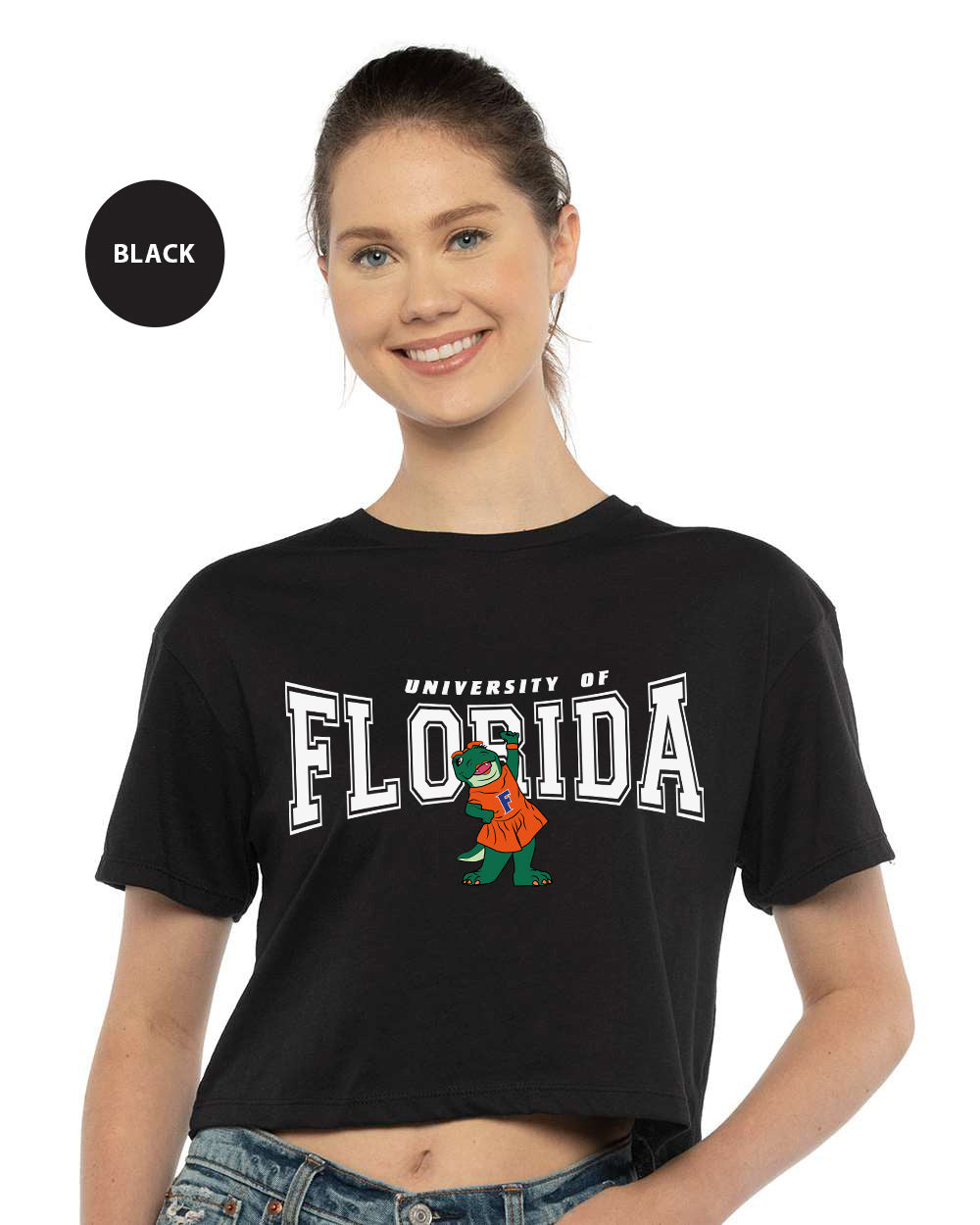 a woman wearing a black shirt that says university of florida