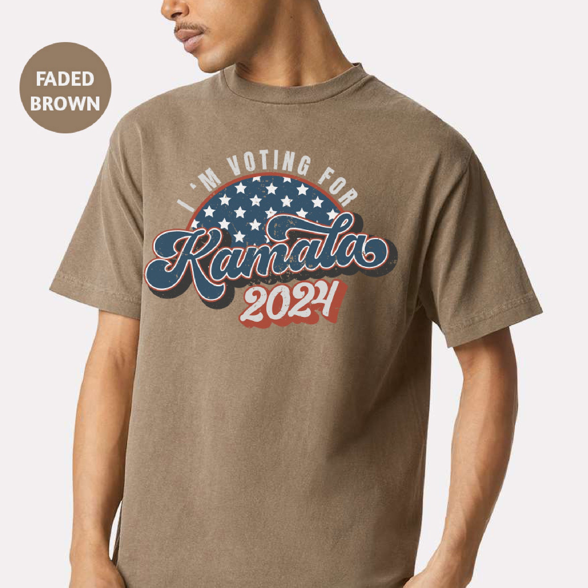 a man wearing a brown shirt that says i'm voting for kansas