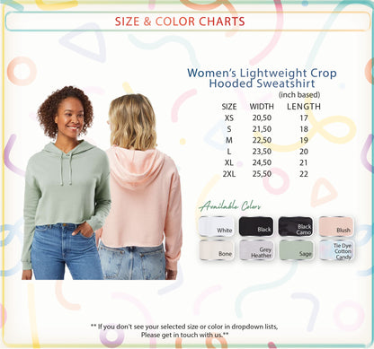 two women wearing women's lightweight crop hooded sweatshirts, with size and color charts provided.