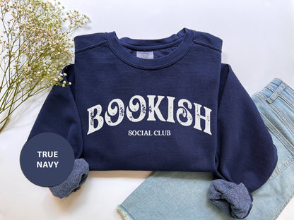 a blue sweatshirt with a bookish social club on it