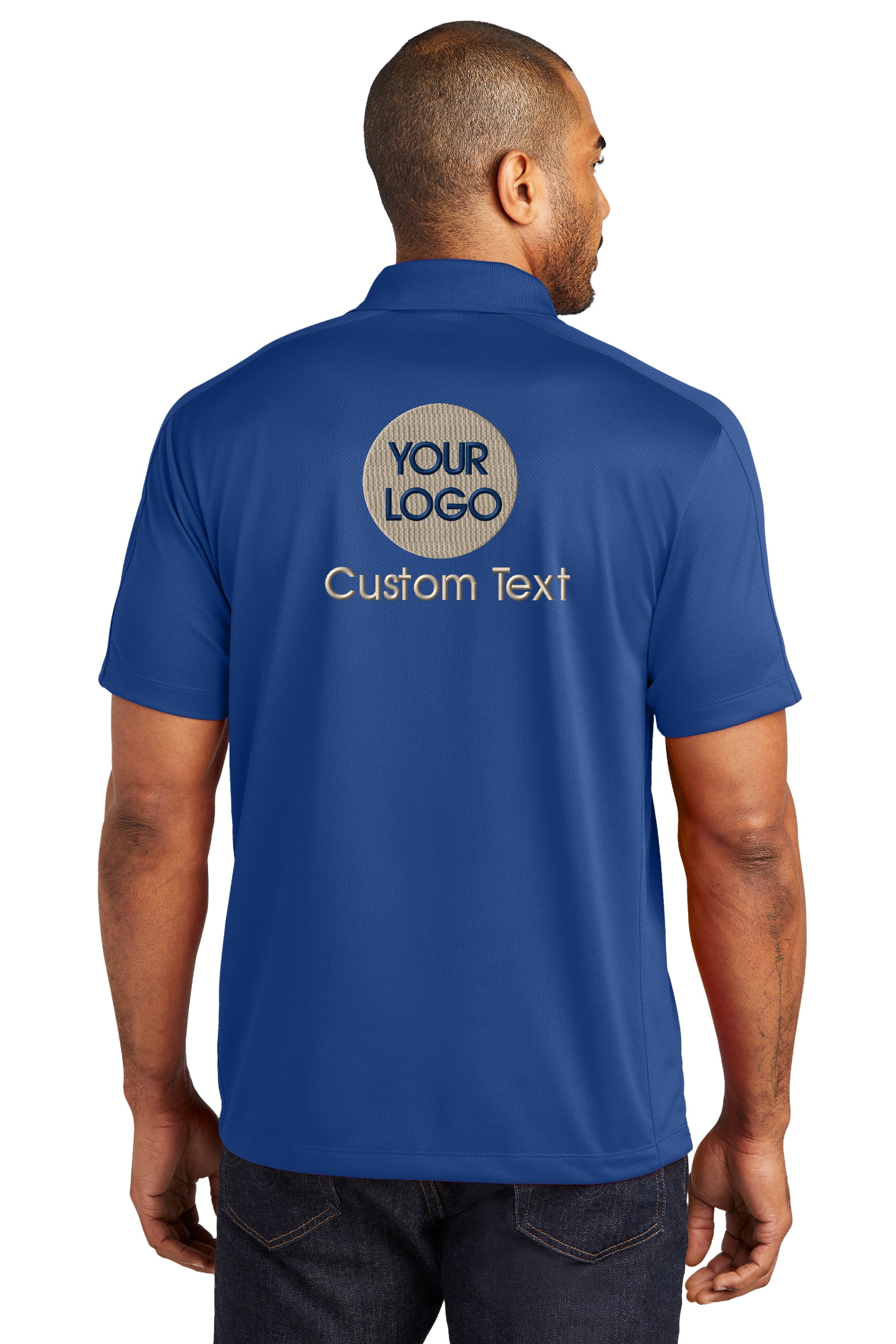 a man wearing a blue polo shirt with the words your logo on it