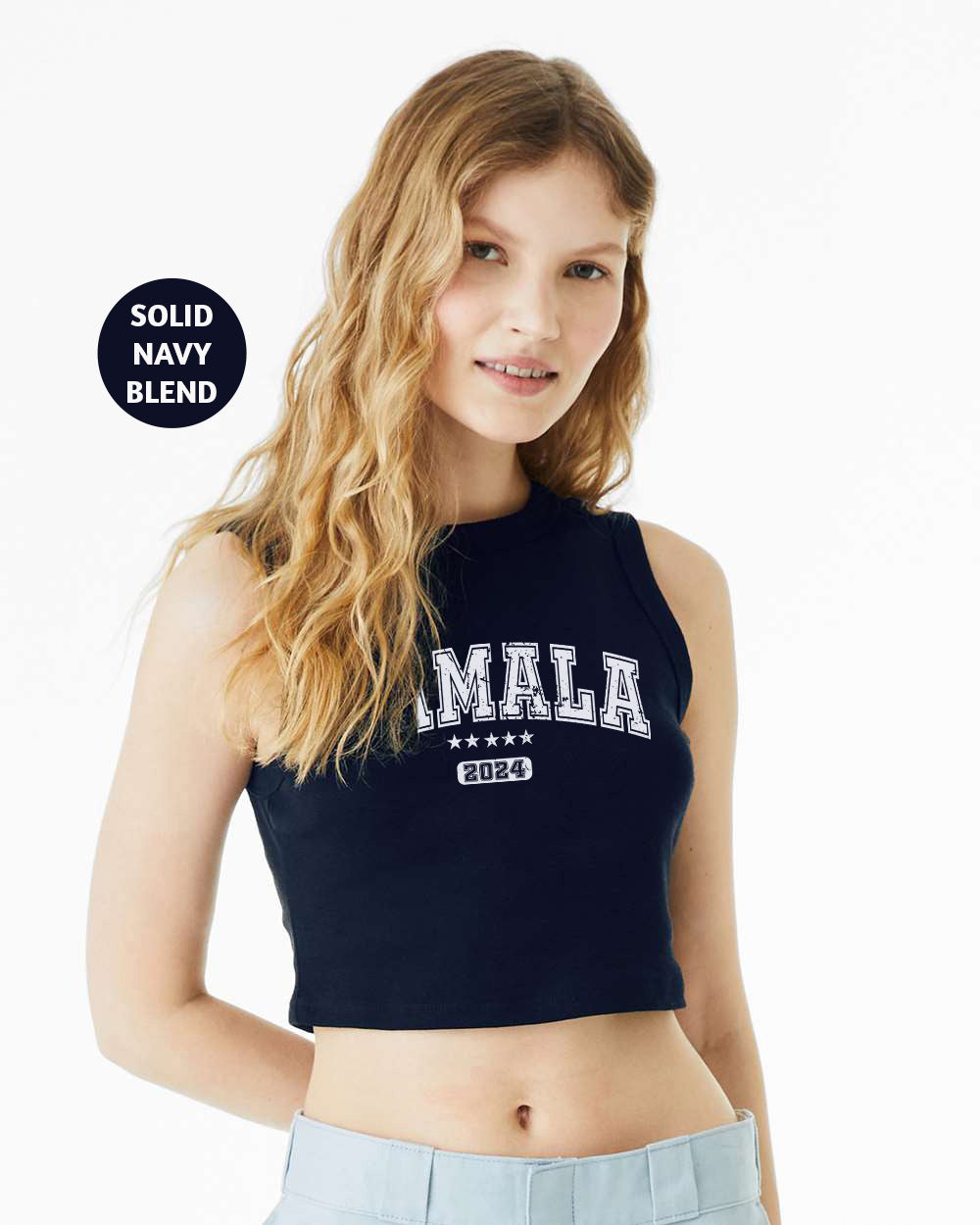 a woman wearing a crop top with the word miala on it