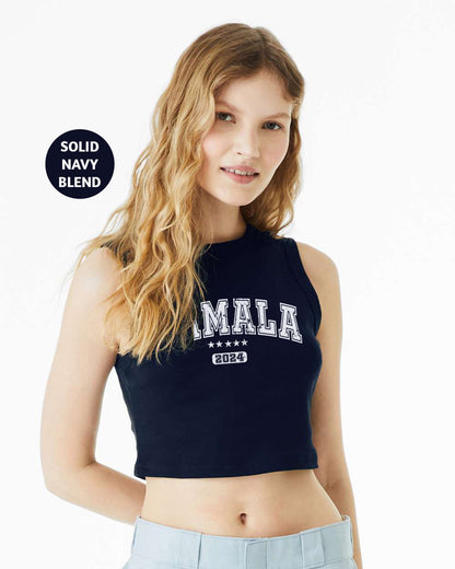 a woman wearing a crop top with the word miala on it