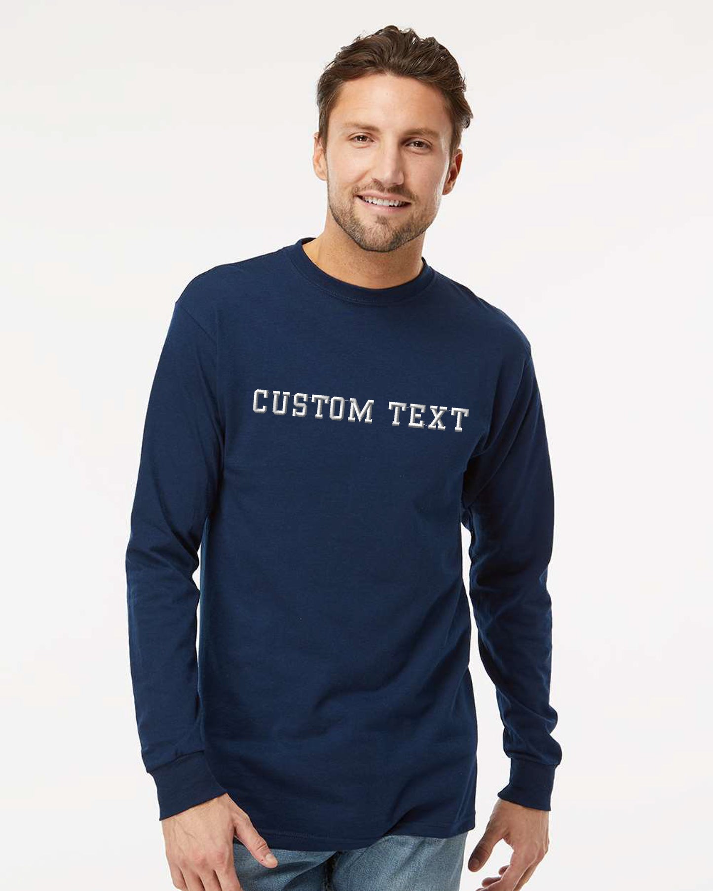 a man wearing a long sleeved t - shirt with a custom text on it