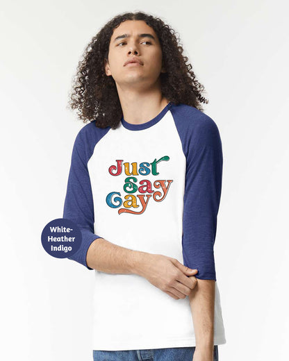 a man wearing a white and blue shirt with the words just easy gay on it