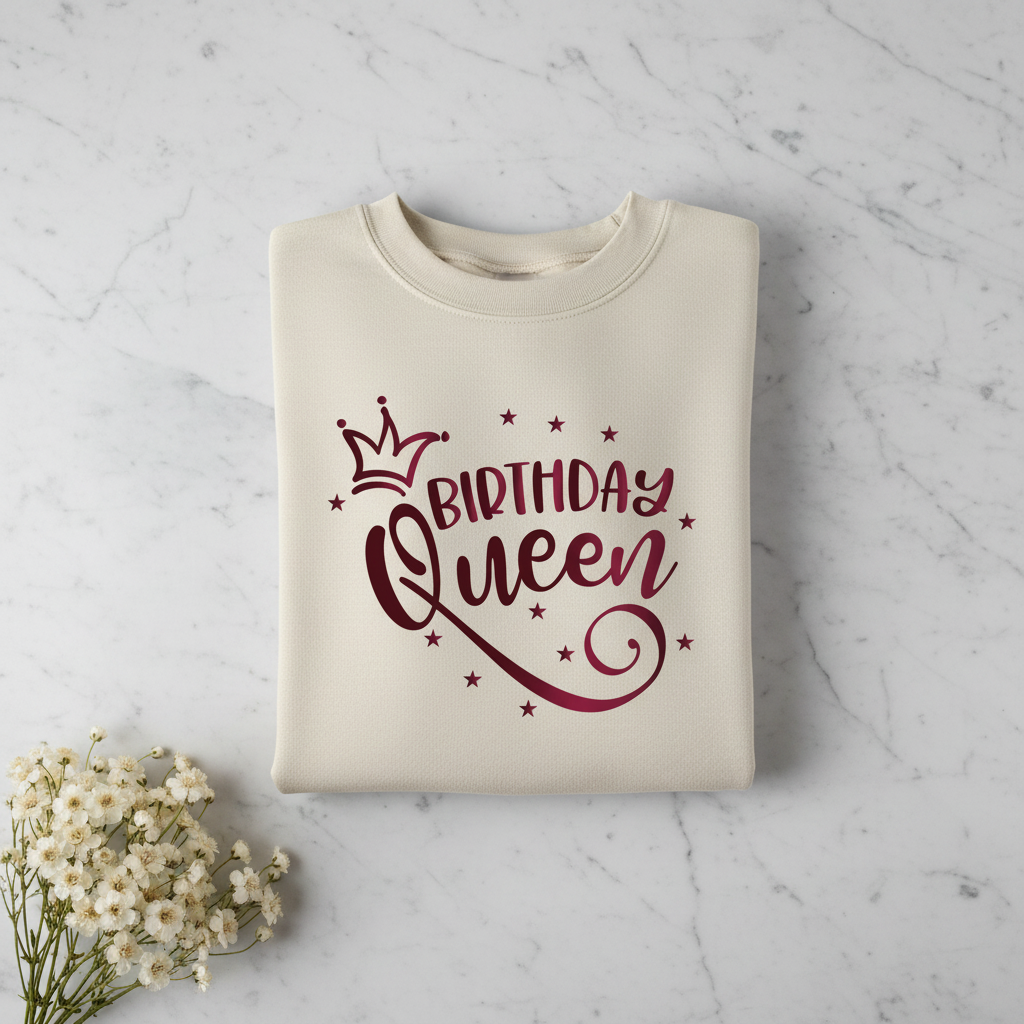 a white sweatshirt with a red and purple design that says "Birthday Queen" and stars. The sweatshirt is laid out on a marble surface, and there is a bouquet of white flowers next to it.